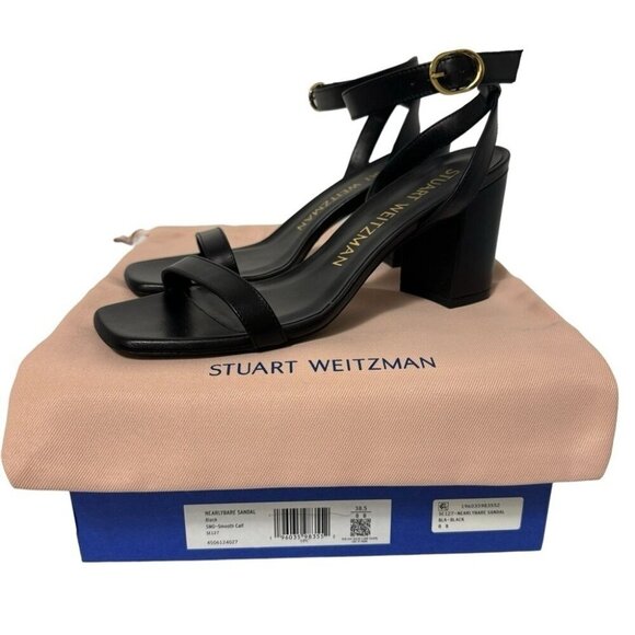 NEW IN BOX Stuart Weitzman Nearlybare Black Sandals Smooth Calf Leather Size 8 - Picture 14 of 14